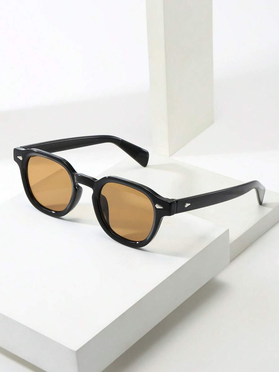 1pc Vintage Round Frame High Quality Personalized Minimalist Fashion Glasses, Travel Vacation Beach Daily Decorative Eyewear - 黑框茶片 - 查看 1