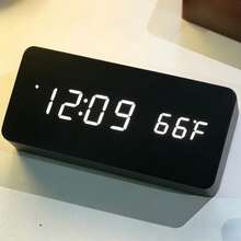 極簡木質 LED 數位鬧鐘，USB 供電床頭桌鐘，可顯示時間、日期與溫度，亮度可調，靜音無滴答聲，適合臥室、辦公室、居家裝飾，送給家人與朋友的完美禮物 - 黑色 - 查看 3