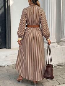 Women's 2026 Spring Striped Dress (Belt Included) - Slim-Fit V-Neck Lantern Sleeve, French Retro Color Block Office Slim-Fit A-Line Midi Dress - Khaki - View 7