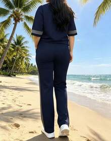 Women's Casual Fashion Outdoor Sports Suit, Crew Neck Short-Sleeve And Long Pants Two-Piece Set, Women's Running Sportswear Women's 2 Piece Outfits, - Dark Blue - View 6