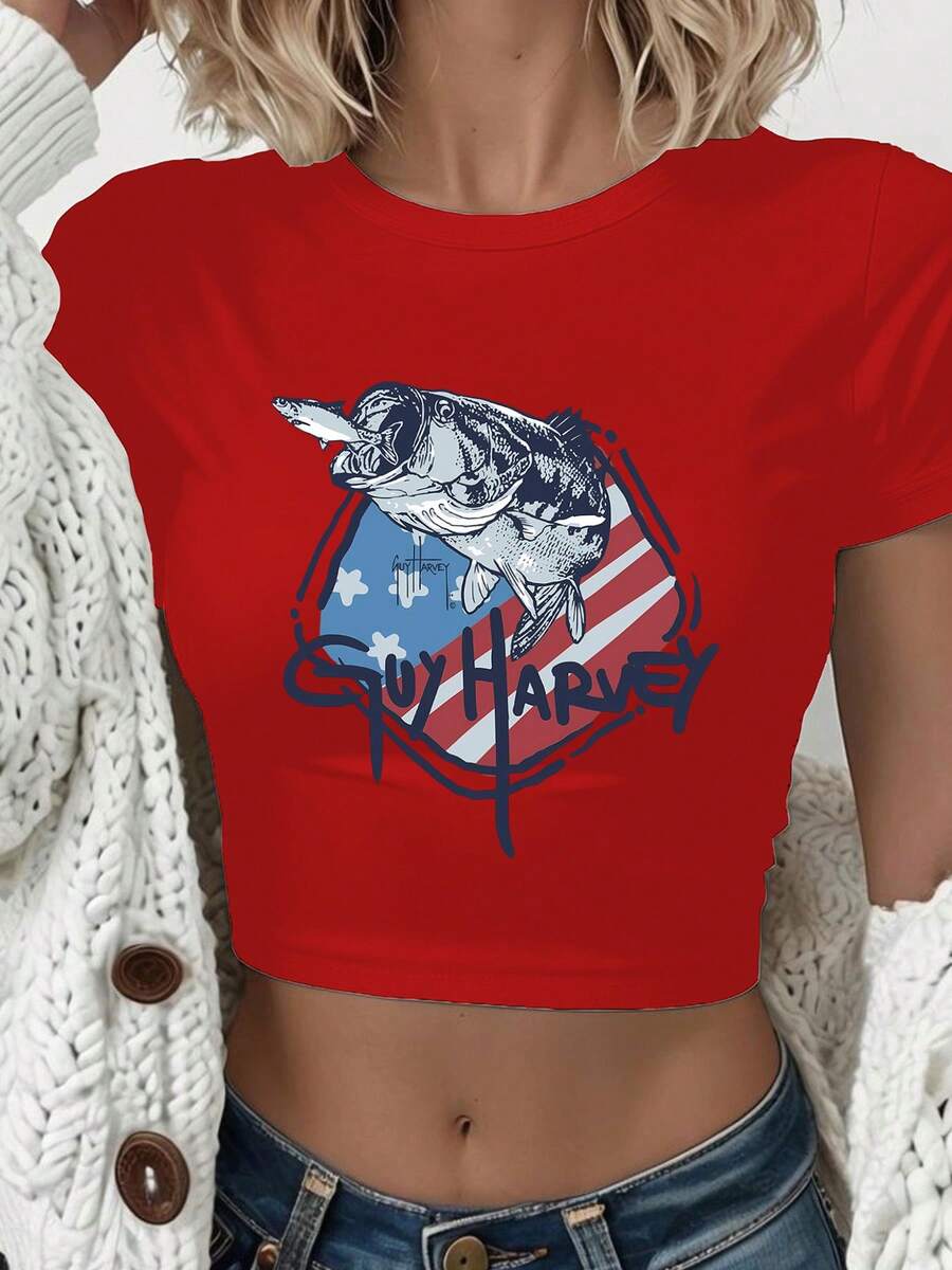 GuyHarvey American Flag Hexagon Bass Graffiti Women's Fitted Crew Neck Short Sleeve T-Shirt, Patriotic Graffiti, Soft Breathable Casual Crop Top - 紅色 - 查看 1