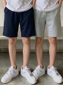 2件組青少年男孩夏季休閒戶外百搭直筒膝蓋長度短褲，黑色與灰色 - 彩色 - 查看 10