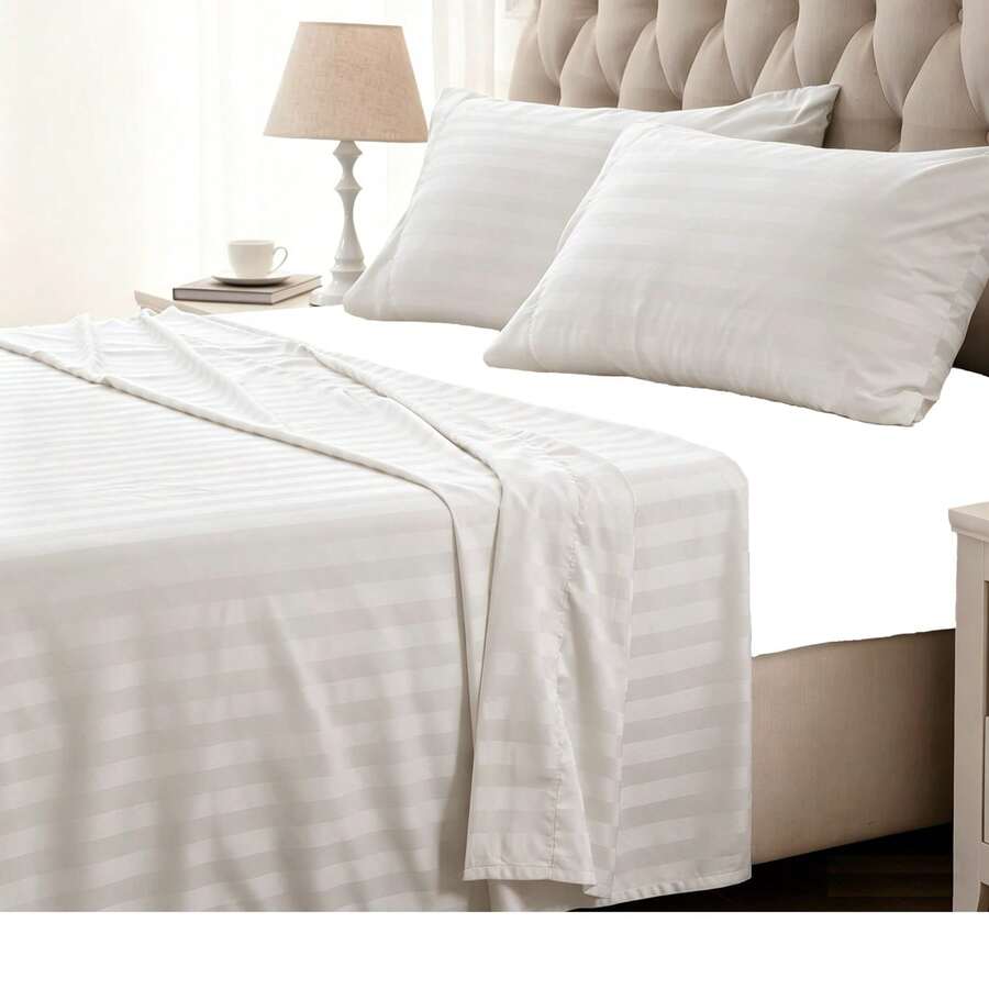 3pcs Luxury Satin Stripe Bedding Set, Soft & Breathable, All Season, 1 Flat Sheet + 2 Pillowcases - White - View 1