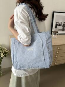 Corduroy Large Capacity Solid Color Minimalist Tote Bag - Baby Blue - View 5
