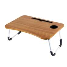 Laptop Bed Table With Foldable Legs – Height Adjustable Bed Tray With Cup Holder & Phone Slot, Portable Notebook Stand For Sofa, Bed, Floor - Walnut Wood - View 6