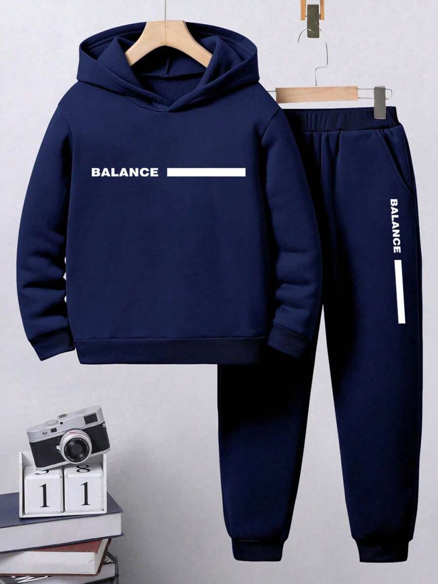 Tween Boy Letter Print Hoodie And Sweatpants Set - Royal Blue - View 1