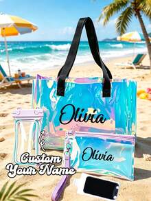 Beach Bag And Zipper Storage Bag, Rainbow PVC Beach Bag With Matching Cosmetic Bag And Waterproof Phone Pouch, Waterproof Laser Women's Shoulder Tote Mesh Bag, Suitable For Swimming Pool, Perfect For Storing Swimwear, Towels, Cosmetics - Multicolor - View 4