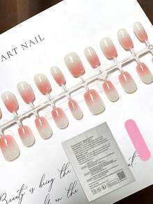 30pcs Cloud Peach Pink To White Gradient Tie Dye Clear Gentle Minimalist Short Square Removable Press-On Nails, Includes 1pc Jelly Glue And 1pc Nail File - Pink - View 2