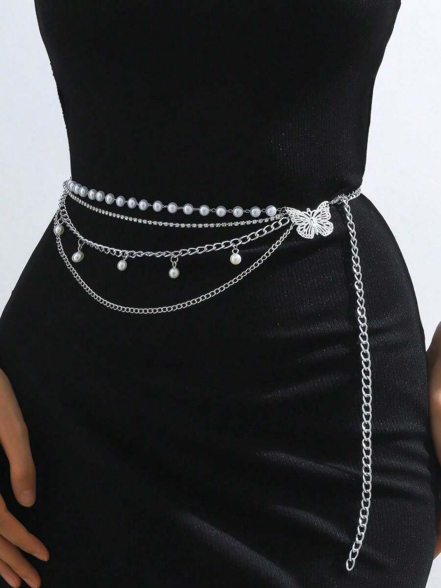 1pc Women's Waist Chain, Personalized Pearl Butterfly Multi-Layer Tassel Chain, Wedding Birthday Party Daily Wear Waist Chain Waist Decoration 105CM - Silver - View 1