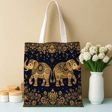 1pc Vintage Elephant Pattern Tote Bag, Decorative Gold & Black Floral Textile Design Reusable Shopping Bag, Multi-Functional Printed Handbag, Casual Style, Perfect For Book Lovers - Multicolor - View 2