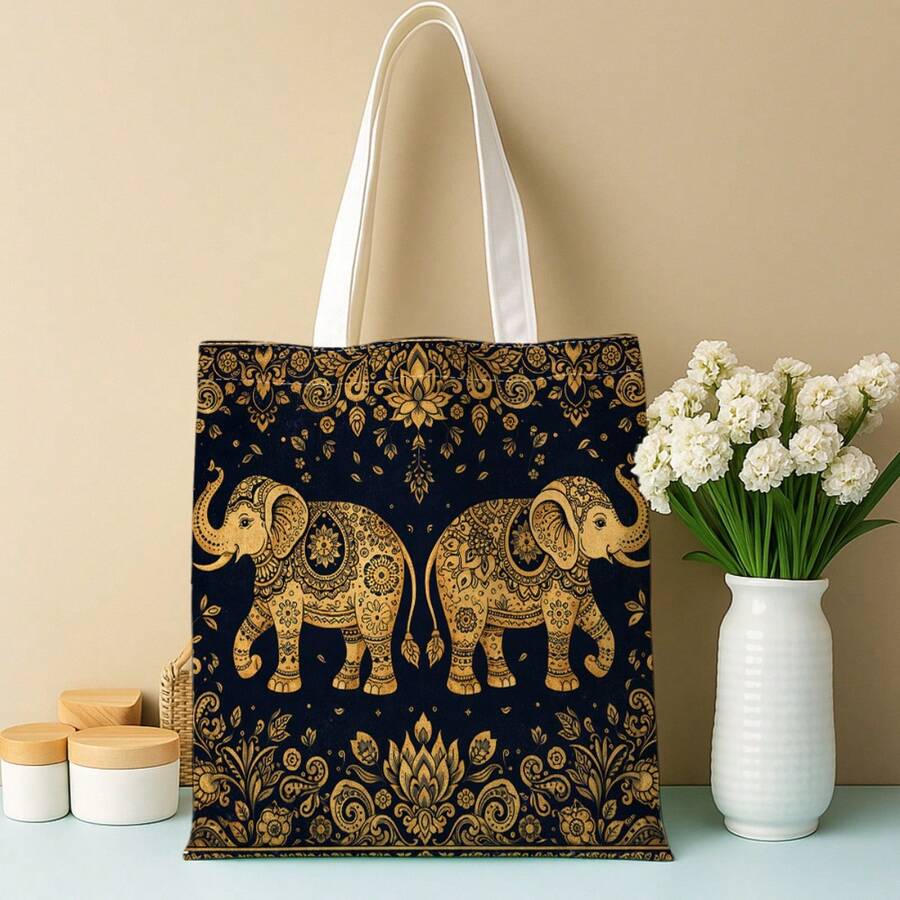 1pc Vintage Elephant Pattern Tote Bag, Decorative Gold & Black Floral Textile Design Reusable Shopping Bag, Multi-Functional Printed Handbag, Casual Style, Perfect For Book Lovers