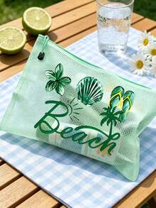 時尚防水PVC沙灘包，印有「Beach」彩色字母，A4尺寸，透明化妝包配尼龍拉鍊，適合游泳、潛水和夏季度假，輕巧，適合年輕男女，沙灘包配件，旅行必需品，旅行配件，度假必備。返校用品盥洗包洗浴包大容量淋浴包，女士母親節禮物教師禮物郵輪必需品 - 彩色 - 查看 8