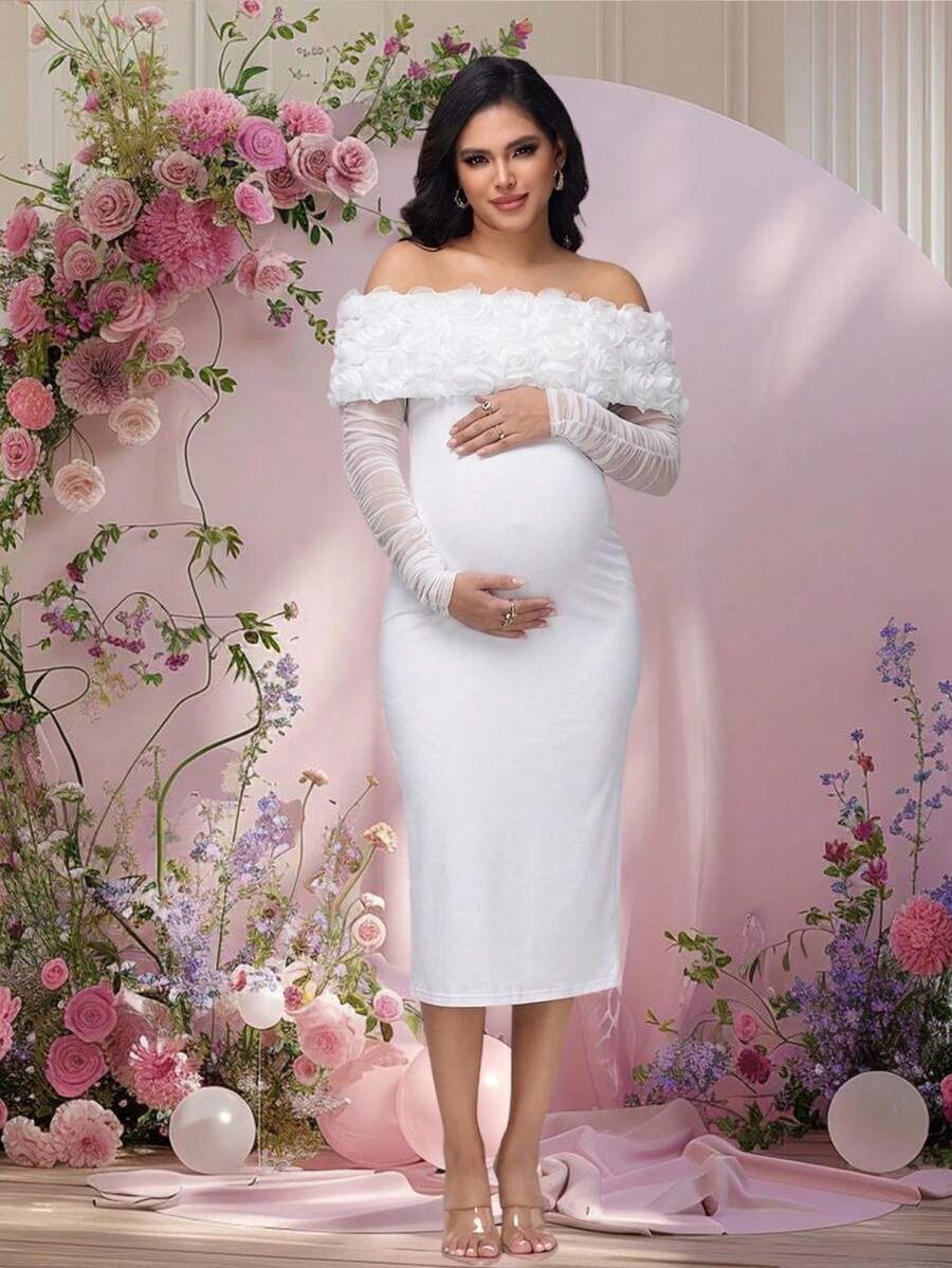 JustVH Maternity Floral Off-Shoulder Long Sleeve Midi Dress, Suitable For Baby Shower And Gender Reveal Party - White - View 1