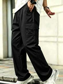 Spring/Autumn Men's Solid Color Cargo Straight Leg Pants, Loose Fit Multi-Pocket Beach Commute Street Versatile Casual Trousers - Black - View 1