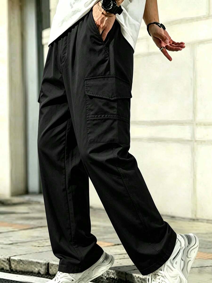 Spring/Autumn Men's Solid Color Cargo Straight Leg Pants, Loose Fit Multi-Pocket Beach Commute Street Versatile Casual Trousers - Black - View 1