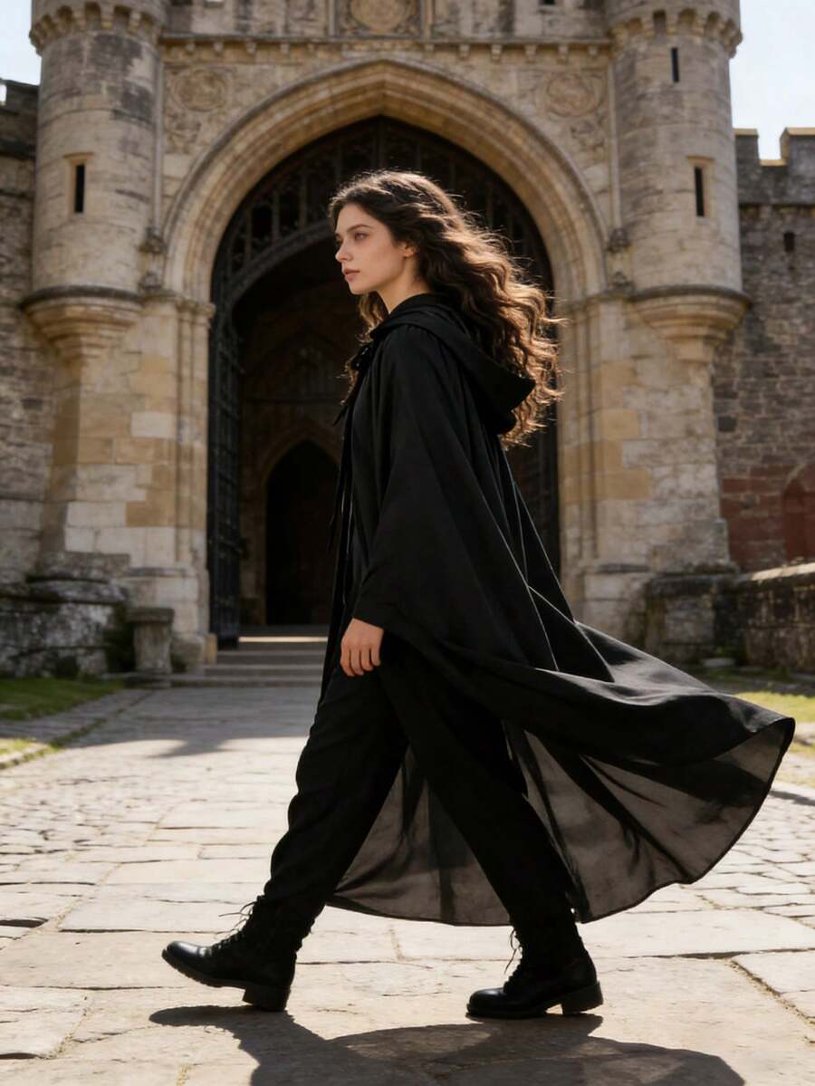 Jubah Berkerudung Gaya Abad Pertengahan Vintage untuk Kostum Cosplay Penyihir Vampir Malaikat Maut, Pesta Halloween, Pertunjukan Panggung, Jubah Atmosferik - Hitam - View 1