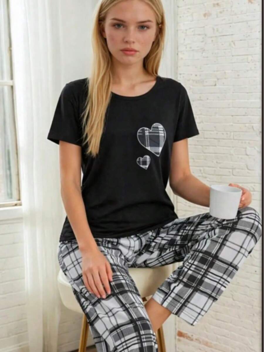 Kadın baskılı pıjama altı ve tshirt - 黑與白 - 查看 1