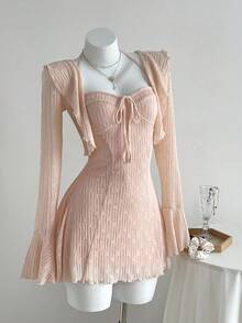 Set de 2 piezas con top de tirantes con encaje y vestido mini entallado en la cintura con cuello de encaje, para mujer, para otoño/invierno - Rosa - Ver 1