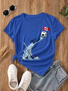Ladies Summer Top World Cup Maple Legion Printed Round Neck Short Sleeve T-Shirt, Fan Gifts, Vacation, Fitness, Outdoor Activities - Blue - View 12