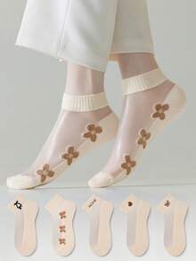 ZUJO 5雙裸色透明女款短襪，字母花朵愛心蝴蝶結圖案，舒適透氣，適合春、秋、夏季 - 查看 2
