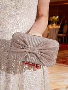 Sparkly Bow Decor Evening Clutch Bag Pleated Handbag Party Bag Shoulder Crossbody Chain Bag Women's Bag Elegant Fashion Versatile Evening Bag For Gowns And Formal Wear For Parties And Gatherings - Champagne - View 3