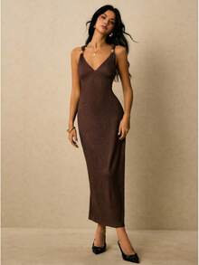 Women's Euro-American Style Midi Party Dress With Straps, Pleated Waist, Fitted Waist - 酒紅色 - 查看 6