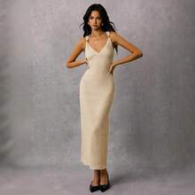 Women's Euro-American Style Midi Party Dress With Straps, Pleated Waist, Fitted Waist - 深棕色 - 查看 4