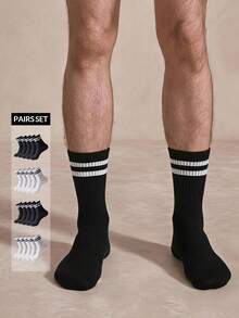 Courvante Men's 10 Pairs Multicolor Striped & Solid Mid-Calf Crew Socks, Breathable Cotton Casual Sports For Golf Tennis - Multicolor - View 1