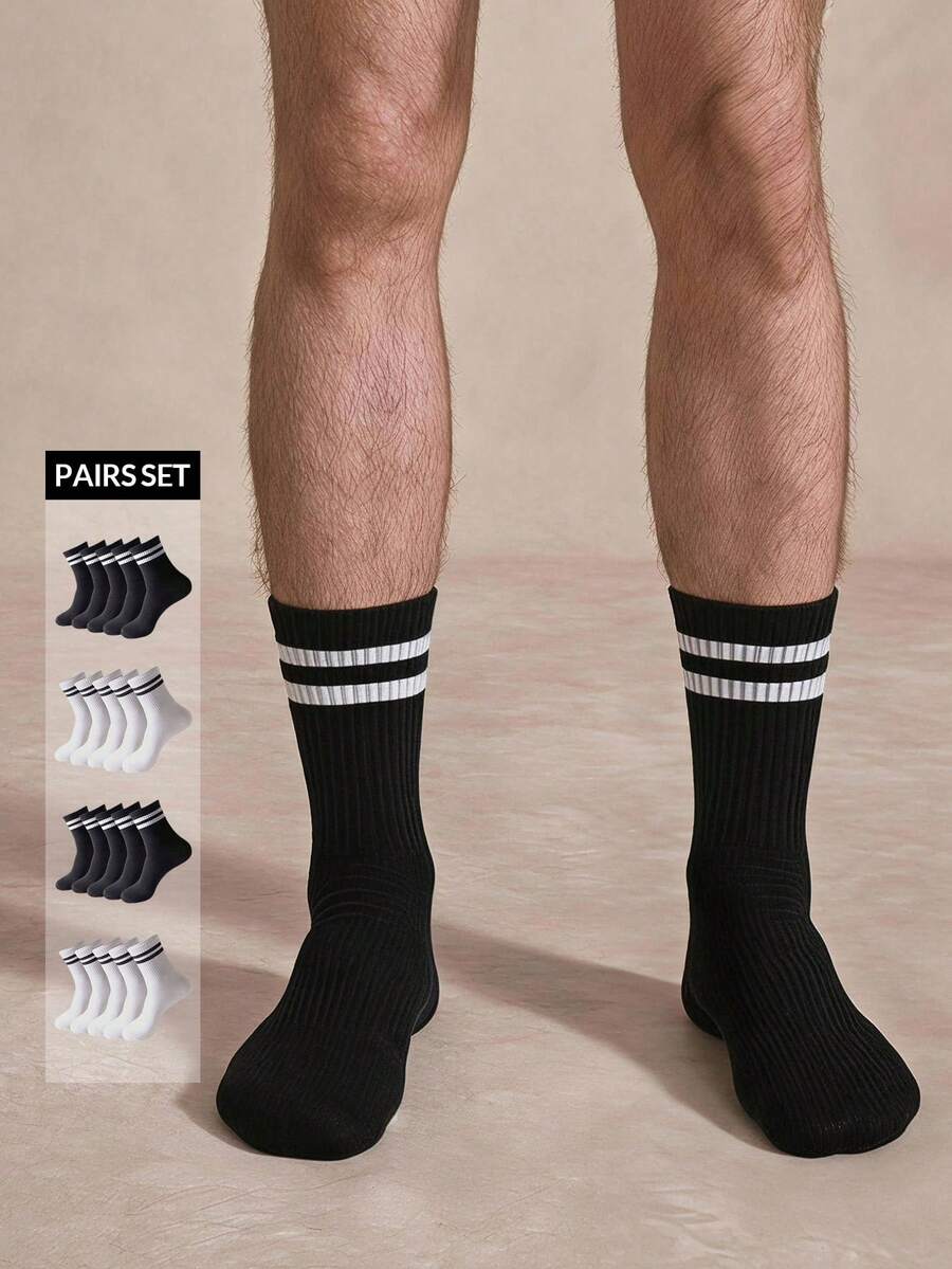 Courvante Men's 10 Pairs Multicolor Striped & Solid Mid-Calf Crew Socks, Breathable Cotton Casual Sports For Golf Tennis - Multicolor - View 1