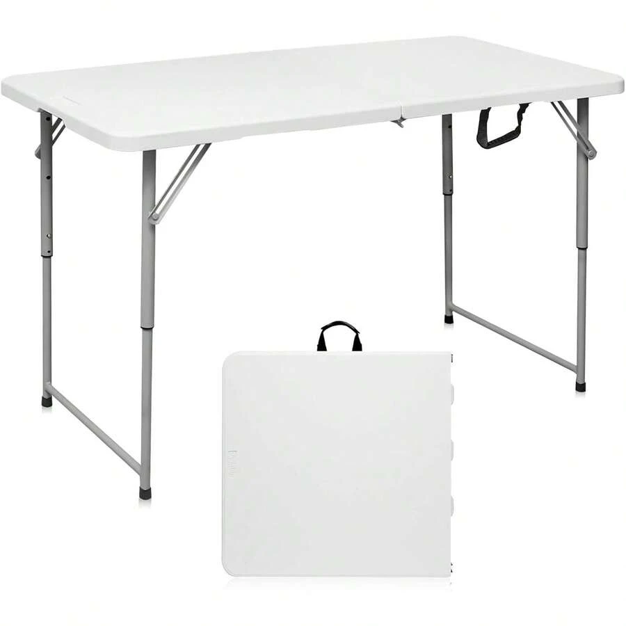 VJND Folding Table 4 Foot Portable Heavy Duty Plastic Fold-In-Half Utility Table Small Indoor Outdoor Adjustable Height Folding With Carrying Handle, Camping And Party,White |   Portable - 白色 - 查看 1