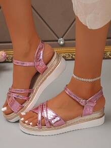 Women's Wedge Platform Sandals, Solid Color Beach Buckle Comfortable Height-Increasing Thick Sole Open Toe Sandals For Summer - Mauve Purple - View 4