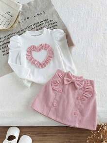Baby Girl Autumn/Winter 2 Pieces Set, Knitted Heart Print Base Layer + Button Bow Ruffle Hem Skirt, Pink Tone Outfit, Cute And Sweet Indoor Wear For Baby Girls - White - View 3