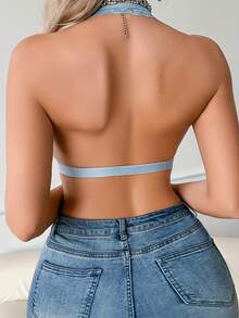 2pcs/Set Women's Solid Color Sexy Lace Halter Neck Bra - Blue and White - View 2