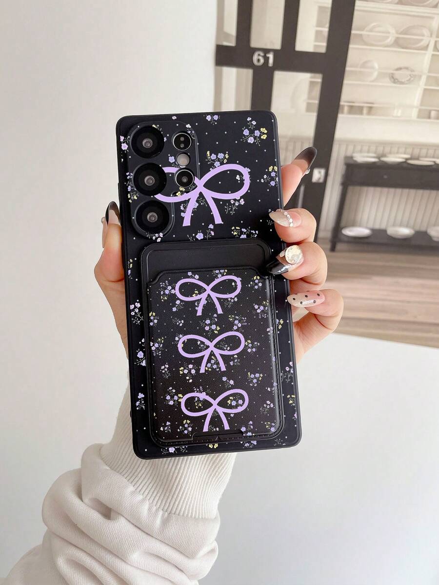 #Pure Android Series# 1pc Black TPU Soft Purple Tone Bow Pattern Card Slot Latest 2-In-1 Card Holder Phone Case, Fashionable Personalized Versatile, Full Body Protection Dustproof Waterproof Soft Shell Suitable For Versatile Phone Case/Card Holder Phone Case/Fun Phone Case/Android Phone Case/ Phone Case/ Phone Case/ Phone Case - Multicolor - View 1