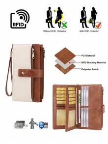 CHARM INFINITE New RFID Anti-Theft Vintage Women's Wallet, Colorblock Buckle Double Zipper Multifunctional Clutch, Multi-Card Slot Trifold Long Wallet With Wrist Strap - White - View 3