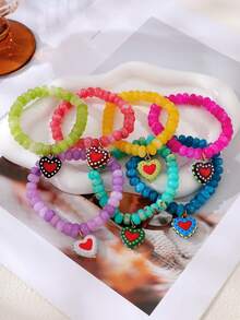 1pc Bohemian Flirty Style Y2K Creative Fashion Elegant Exquisite Gorgeous Minimalist Dopamine Color Natural Stone Beaded Resin Colorful Heart Pendant Elastic Bracelet For Women Sisters Couples Prom/Graduation Jewelry Gift, Suitable For Daily Wear, Dating, Party, Holiday, Summer Beach Vacation (Bead Color Random) - Hand Strap - View 2