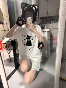 日系暗黑小惡魔貓咪印花白色T恤，青春學院風百搭修身休閒上衣，適合學生夏季穿著 - 白色 - 查看 1
