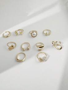 Set de 10 piezas de anillos de estilo bohemio para vacaciones, de metal ajustable y apilable, con estrella de mar, resina, perla falsa, diseño retorcido y geométrico, adecuado para niñas, regalo para ambiente de salida a la playa - 32715-anillo-G - Ver 10