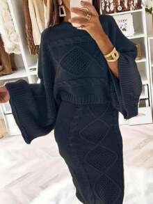 Plus Size Casual Solid Color Batwing Sleeve Sweater And Knit Skirt Set, Autumn/Winter - Royal Blue - View 1
