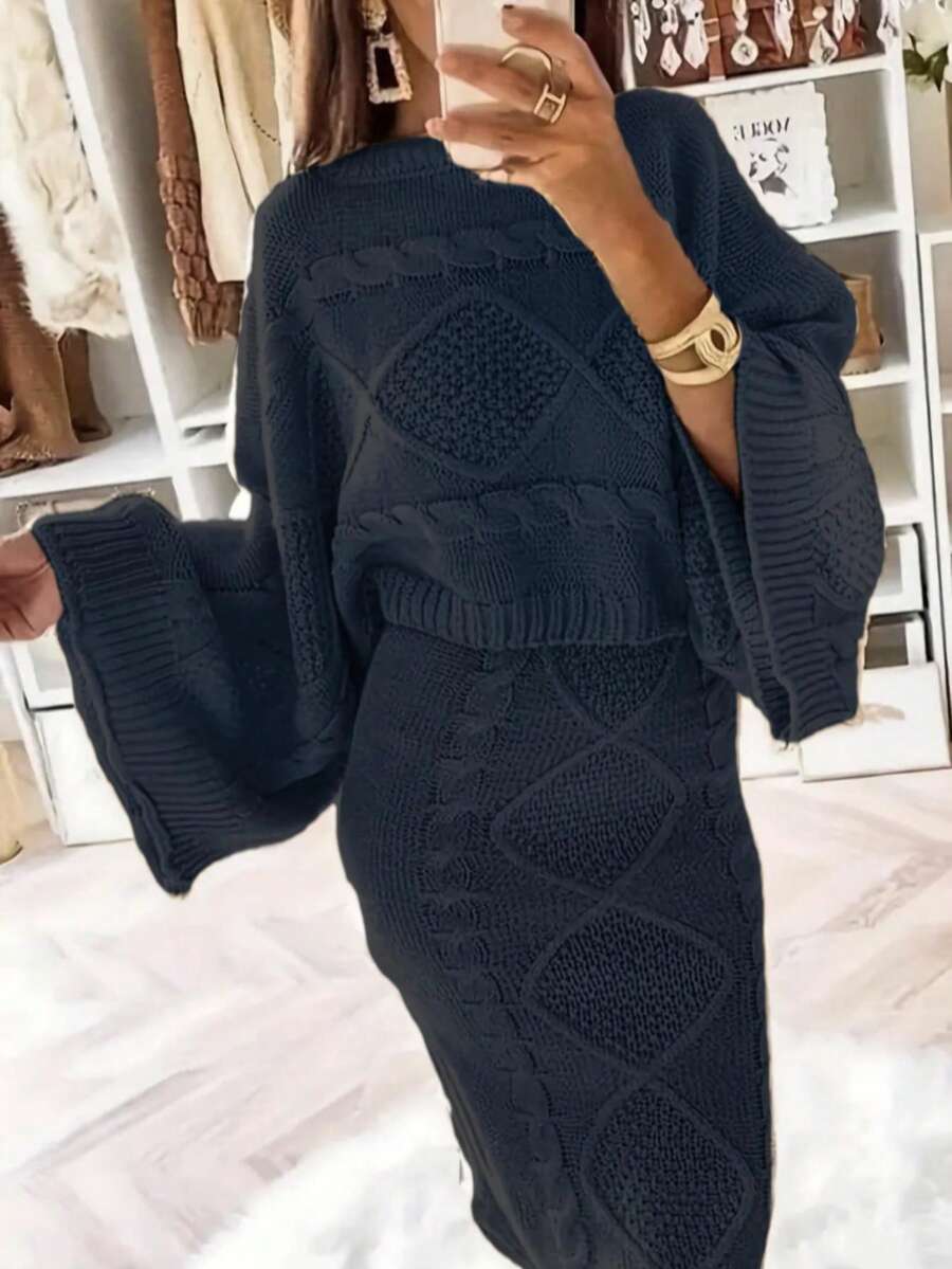 Plus Size Casual Solid Color Batwing Sleeve Sweater And Knit Skirt Set, Autumn/Winter - Royal Blue - View 1