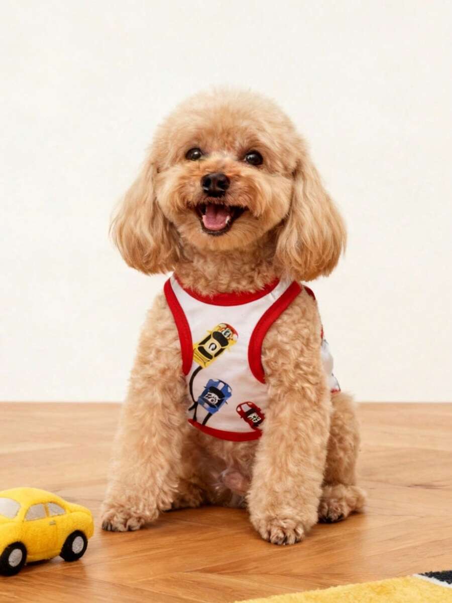 1pc Car Racing Fun Pattern Pet Vest, Suitable For Chihuahua Small Dogs, Physical Flea Protection, Base Layer Pet Dog Clothing, Fashionable Vest For Cats And Dogs, Indoor And Outdoor - White - View 1