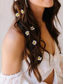 10/2pcs Daisy Flower Invisible Hair Clips,Small White Floral Hair Rings For Braids,Wedding Bridal Hair Accessories,Summer Beach Vacation Decor - White - View 2