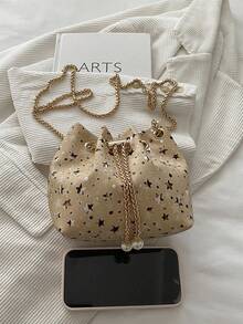 Mini New Fashion Straw Woven Gold Chain Drawstring Bucket Bag Beach Bag - Khaki - View 8