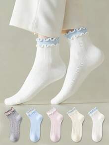ZUJO 5 Pairs Cute Sweet Ruffle Trim Ankle Socks, Skin-Friendly Breathable Socks, Suitable For All Seasons Daily Wear, Random Colors - Multicolor - View 4