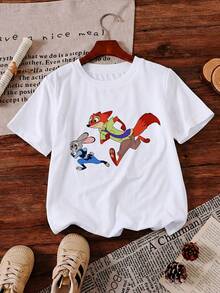 Disney Zootopia Nick Wilde And Judy Hopps On The Run Graphic Tee,Summer Casual T-Shirt For Boys Girls, Soft And Comfortable Fabric, Graduation Season Gift - 白色 - 查看 2