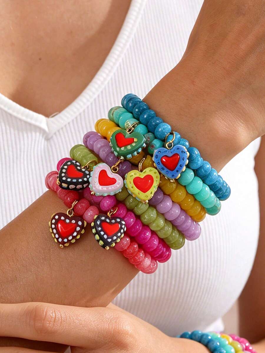 1pc Bohemian Flirty Style Y2K Creative Fashion Elegant Exquisite Gorgeous Minimalist Dopamine Color Natural Stone Beaded Resin Colorful Heart Pendant Elastic Bracelet For Women Sisters Couples Prom/Graduation Jewelry Gift, Suitable For Daily Wear, Dating, Party, Holiday, Summer Beach Vacation (Bead Color Random) - Hand Strap - View 1
