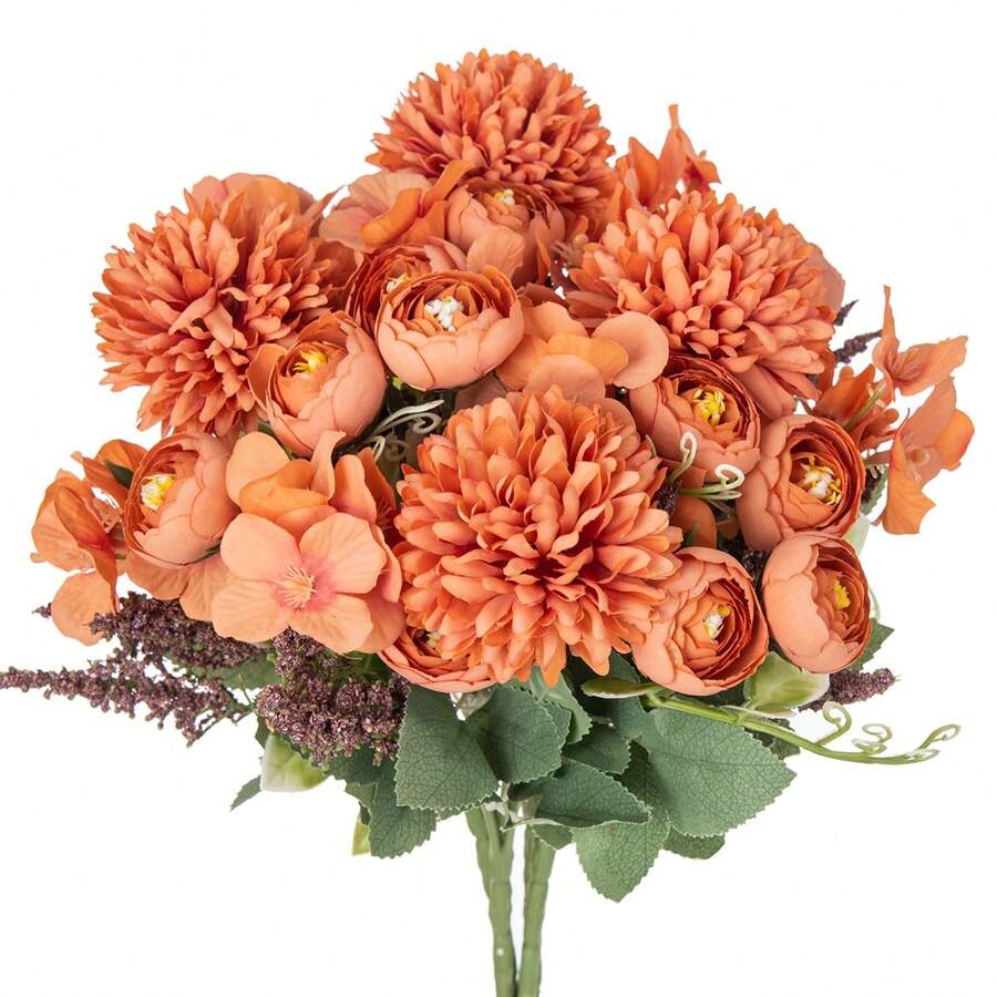 1/3/60件人造花絲綢繡球花花束 仿真茶玫瑰 秋季婚禮花瓶用 家居餐廳臥室裝飾 節日生日派對配件 戶外花園裝飾 - 橘色 - 查看 1