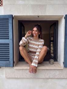 Senya Striped Crochet Knit Crop Top & High Waist Shorts 2 Pieces Set Women's Outfit, Suitable For Vacation Wear, Travel Wear, Beach Cover-Up - Khaki - View 3