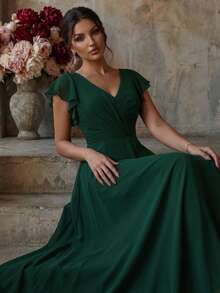 Deep Green V-Neck Flutter Sleeve Chiffon Maxi Bridesmaid Dress, Criss-Cross Twisted Waist Flared Skirt, Elegant Style For Spring Summer Fall Wedding - Dark Green - View 6