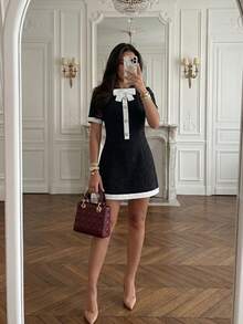 Elegant French Retro Party Holiday Wedding Formal Date Short Sleeve Round Neck Cropped Dress Black Summer - Black - View 2